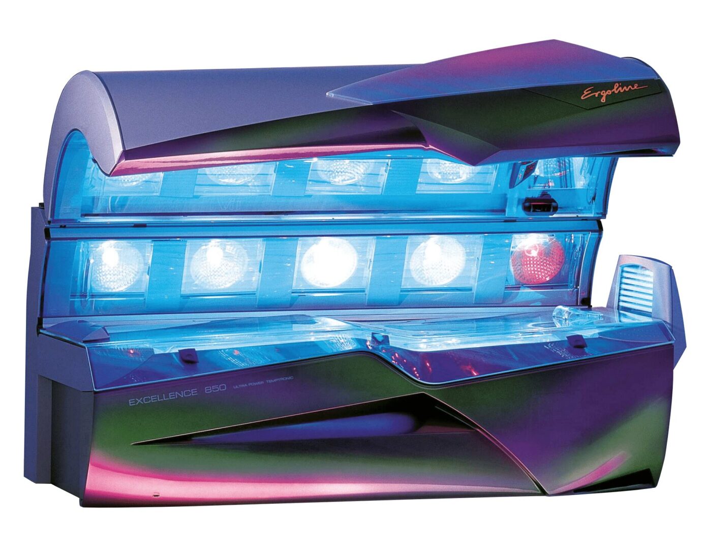 A picture of an open tanning bed with lights on.