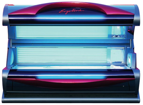 A red and blue tanning bed with two lights.