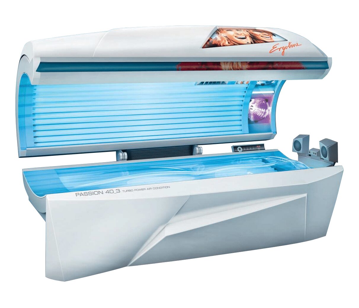 A tanning bed with a woman in it