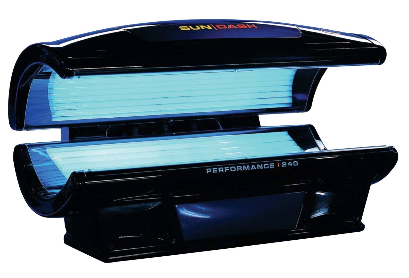A black and blue tanning bed with two lights.