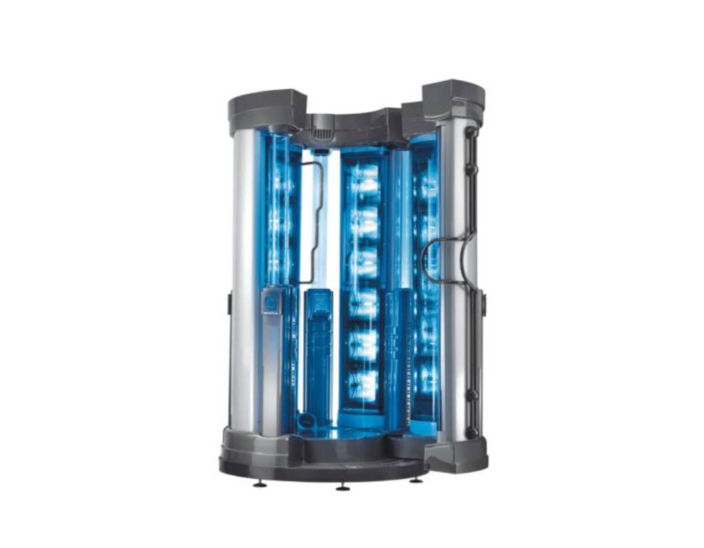 A blue light is on in the middle of a cylindrical structure.
