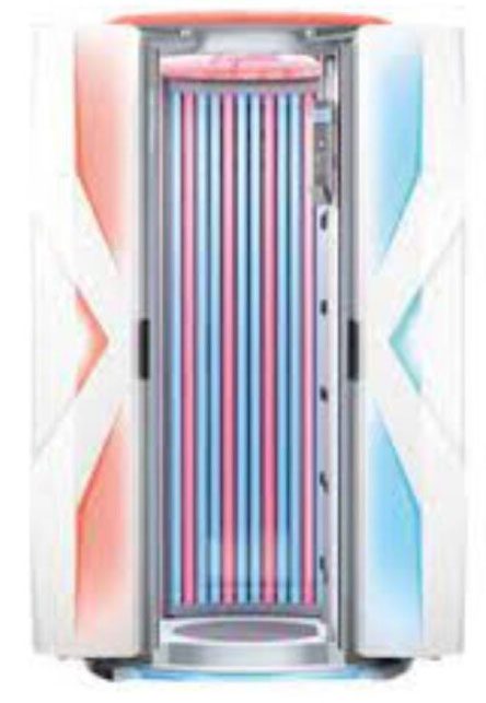 A red and blue tanning bed in front of a white background.